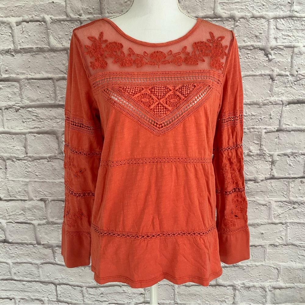 Sundance Catalog Medium Orange Pullover Top Long Sleeves Mesh Embroidered Insets